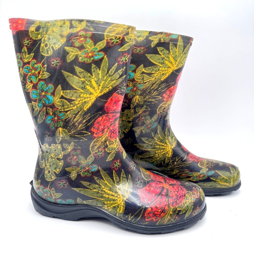 SLOGGERS Women's 9 Tropical Floral Palm Rain Boots Hibiscus Waterproof Gardening